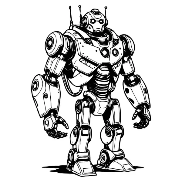 Robot . Black and white illustration for use in graphics.