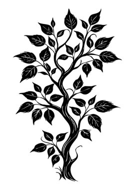 Ağaç. Siyah beyaz botanik deseni. Grafiklerde ve malzemelerde kullanmak için. Soyut bitki şekilleri. Duvar dekorasyonlarına yazdırmak için minimalist illüstrasyon.
