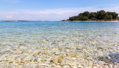 Adriyatik Denizi 'nin güzel manzarası. Nisan güneşli bir gün. Istria Yarımadası Hırvatistan