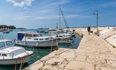 1 Mayıs 2022 Adriyatik Denizi 'nin güzel manzarası. Nisan güneşli bir gün. Istria Yarımadası Hırvatistan