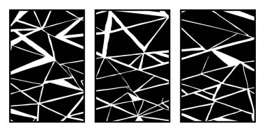 3 soyut siyah beyaz desenli bir set. Grafiklerde kullanmak için. Duvar dekorasyonlarına yazdırmak için minimalist illüstrasyon