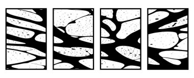 Soyut siyah beyaz desenli 4 set. Grafiklerde kullanmak için. Duvar dekorasyonlarına yazdırmak için minimalist illüstrasyon