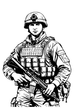 Hayali asker karakteri. Çizgi çalışması. Grafiklerde kullanmak için siyah ve beyaz illüstrasyon. 