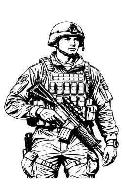 Hayali asker karakteri. Çizgi çalışması. Grafiklerde kullanmak için siyah ve beyaz illüstrasyon. 