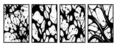 Soyut siyah beyaz desenli 4 set. Grafiklerde kullanmak için. Duvar dekorasyonlarına yazdırmak için minimalist illüstrasyon
