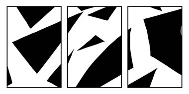 3 soyut siyah beyaz desenli bir set. Grafiklerde kullanmak için. Duvar dekorasyonlarına yazdırmak için minimalist illüstrasyon