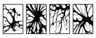 Soyut siyah beyaz desenli 4 set. Grafiklerde kullanmak için. Duvar dekorasyonlarına yazdırmak için minimalist illüstrasyon