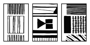 3 soyut siyah beyaz desenli bir set. Grafiklerde kullanmak için. Duvar dekorasyonlarına yazdırmak için minimalist illüstrasyon