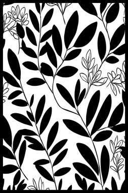 Siyah beyaz botanik deseni. Grafiklerde ve malzemelerde kullanmak için. Soyut bitki şekilleri. Duvar dekorasyonlarına yazdırmak için minimalist illüstrasyon.