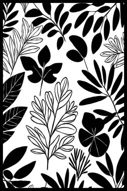 Siyah beyaz botanik deseni. Grafiklerde ve malzemelerde kullanmak için. Soyut bitki şekilleri. Duvar dekorasyonlarına yazdırmak için minimalist illüstrasyon.