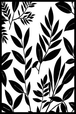 Siyah beyaz botanik deseni. Grafiklerde ve malzemelerde kullanmak için. Soyut bitki şekilleri. Duvar dekorasyonlarına yazdırmak için minimalist illüstrasyon.