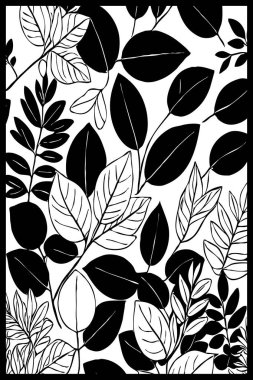 Siyah beyaz botanik deseni. Grafiklerde ve malzemelerde kullanmak için. Soyut bitki şekilleri. Duvar dekorasyonlarına yazdırmak için minimalist illüstrasyon.