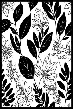 Siyah beyaz botanik deseni. Grafiklerde ve malzemelerde kullanmak için. Soyut bitki şekilleri. Duvar dekorasyonlarına yazdırmak için minimalist illüstrasyon.