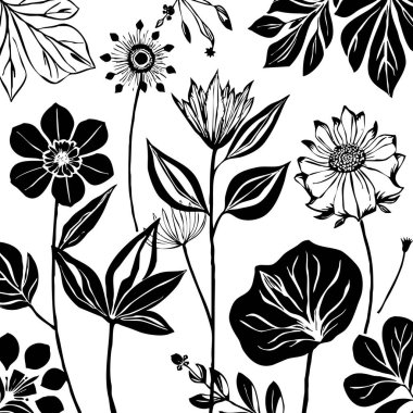 Siyah beyaz botanik deseni. Grafiklerde ve malzemelerde kullanmak için. Soyut bitki şekilleri. Duvar dekorasyonlarına yazdırmak için minimalist illüstrasyon.