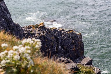 Güneşli bir nisan gününde manzara. Dağların ve okyanusun güzel manzarası. Padstow Cornwall, İngiltere.
