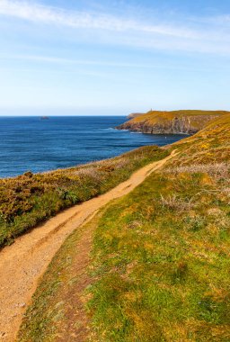 Güneşli bir nisan gününde manzara. Dağların ve okyanusun güzel manzarası. Padstow Cornwall, İngiltere.
