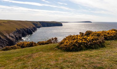 Güneşli bir nisan gününde manzara. Dağların ve okyanusun güzel manzarası. Padstow Cornwall, İngiltere.