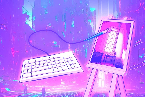 Concept of AI art generation. Illustration. Use keyboard to input prompt. Cyberpunk style.