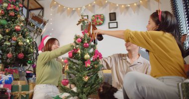 Asyalı grup arkadaşları, Noel 'i kutlamak için ellerinde kadeh kaldırırken içkilerine tezahürat yapıyor. Evdeki bir Noel partisinde bir araya geliyorlar.