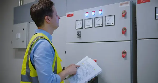 electrician electrical engineer in protective uniform checking voltage control panel screen system at electrical cabinet for generate electricity of factory in manufacture industrial