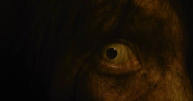 Esrarengiz bir korku sahnesi Asyalı bir hayalet kadının korkunç gözleri yüzünü kaplayan tüyler gecenin karanlığında karanlık bir sahne filmiyle terkedilmiş eve bakıyor, Cadılar Bayramı festivali