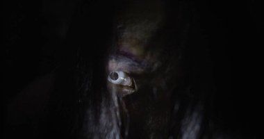 Esrarengiz bir korku sahnesi Asyalı bir hayalet kadının korkunç gözleri yüzünü kaplayan tüyler gecenin karanlığında karanlık bir sahne filmiyle terkedilmiş eve bakıyor, Cadılar Bayramı festivali