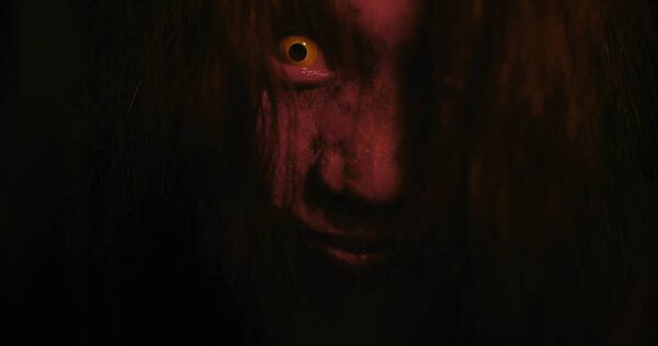 Horror scene of a mysterious Scary closeup eyes Asian ghost woman creepy have hair covering the face looking to camera at abandoned house with background dark scene movie at night, festival Halloween