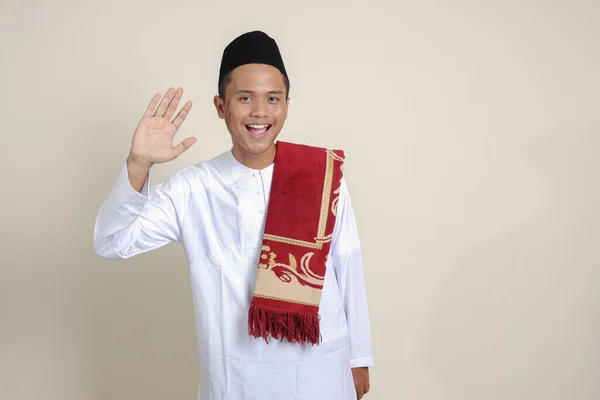 Portrait Attractive Asian Muslim Man White Shirt Saying Waving Hand — Stock Photo, Image