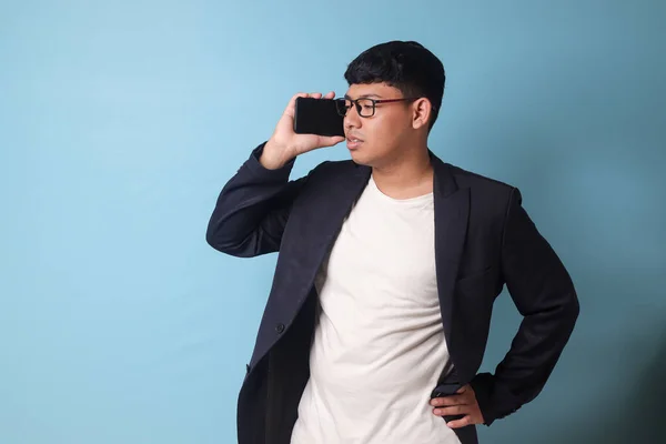 Porträtt Ung Asiatisk Affärsman Tillfällig Kostym Gräla Med Någon Med — Stockfoto