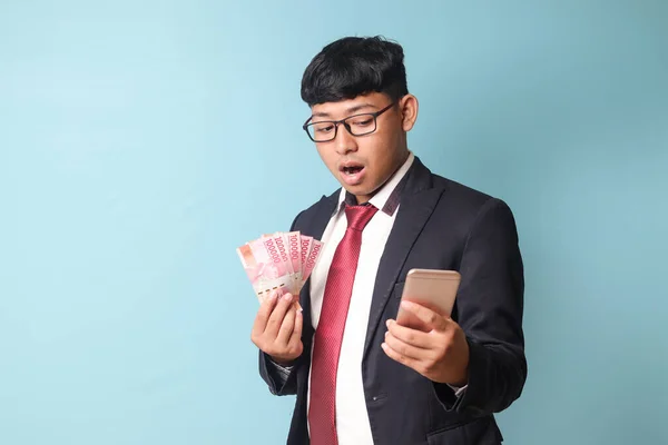 Portrait Young Asian Business Man Casual Suit Looking Smartphone Surprised — Stock Photo, Image