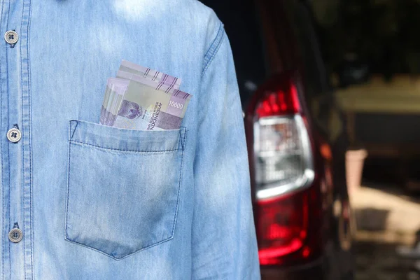 Close Ten Thousand Rupiah Money Banknote Shirt Pocket Financial Savings — Stock Photo, Image