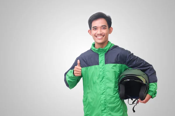 Potret Pengemudi Taksi Online Asia Mengenakan Jaket Hijau Dan Helm — Stok Foto