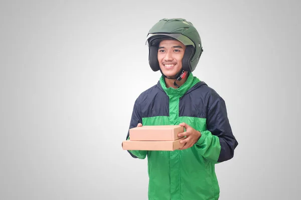 Retrato Piloto Correio Online Asiático Vestindo Casaco Verde Capacete Entregando — Fotografia de Stock