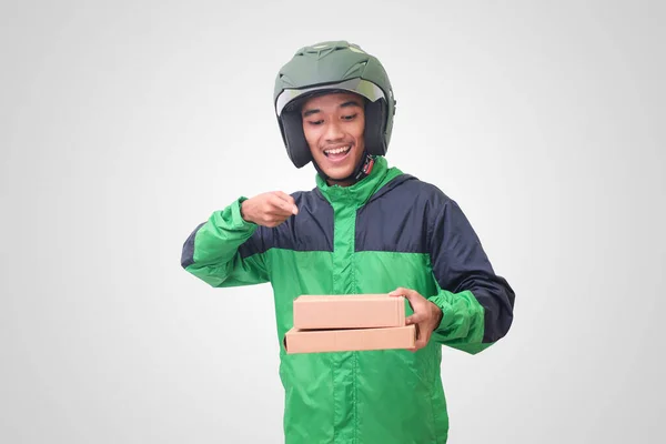 Porträt Eines Asiatischen Online Kurierfahrers Mit Grüner Jacke Und Helm — Stockfoto