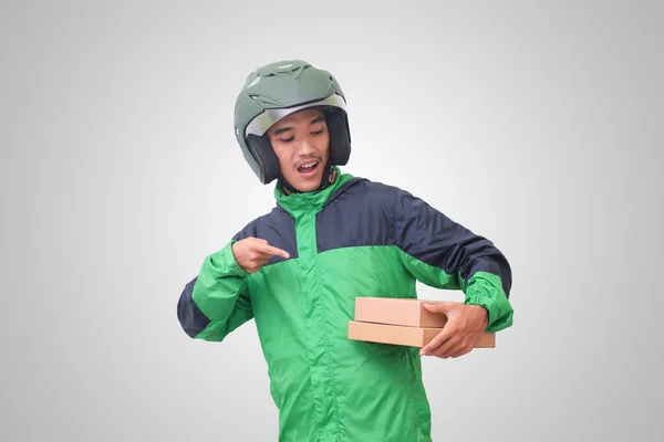 Porträt Eines Asiatischen Online Kurierfahrers Mit Grüner Jacke Und Helm — Stockfoto