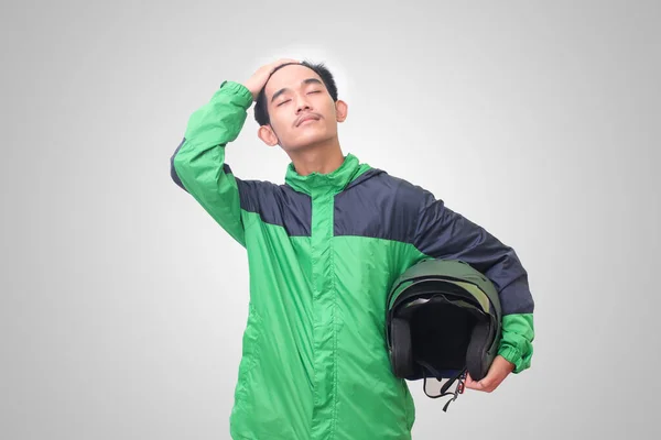 Porträt Eines Müden Asiatischen Online Taxifahrers Grüner Jacke Der Seine — Stockfoto
