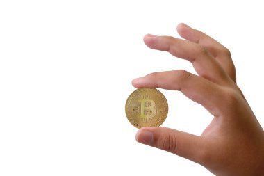 Beyaz arka planda izole edilmiş bitcoin 'in el ele tutuşması. Kripto para ticareti kavramı