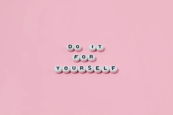 Top View Yourself Quotes Made Out Beads Pink Background Motivation — Stock Photo, Image
