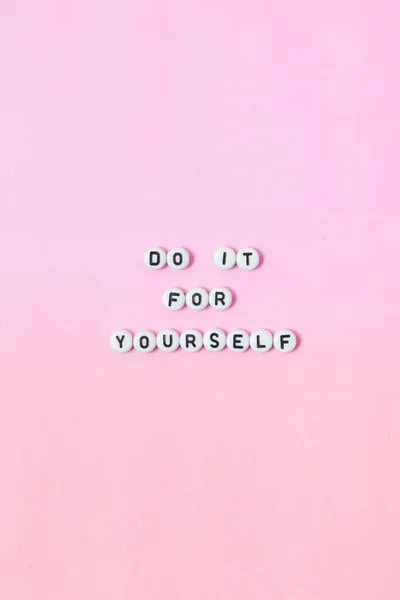 Top View Yourself Quotes Made Out Beads Pink Background Motivation — Stock Photo, Image