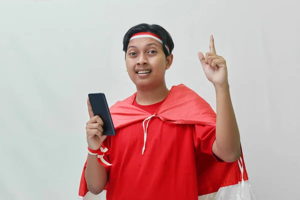 Retrato Atraente Homem Asiático Shirt Com Fita Branca Vermelha Cabeça — Fotografia de Stock