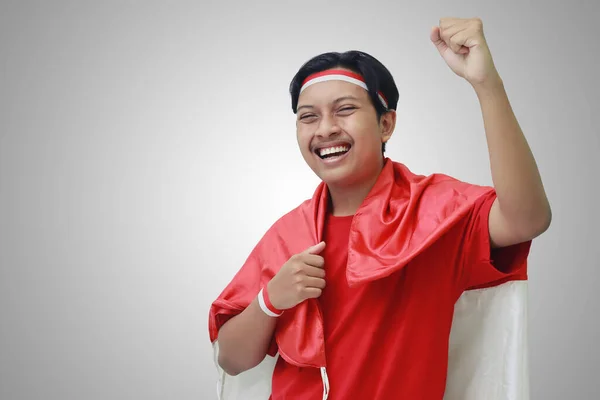 Ritratto Attraente Uomo Asiatico Shirt Con Nastro Bianco Rosso Sulla — Foto Stock