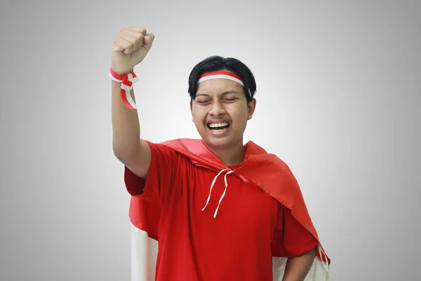 Retrato Homem Asiático Atraente Camiseta Com Fita Branca Vermelha Cabeça — Fotografia de Stock