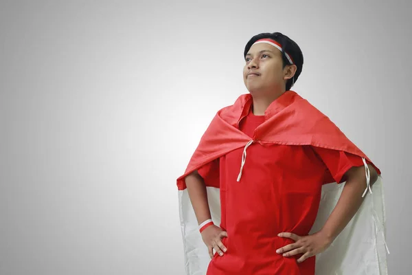 Portrét Atraktivního Asijského Muže Tričku Červenou Bílou Stuhou Hlavě Vlajkou — Stock fotografie