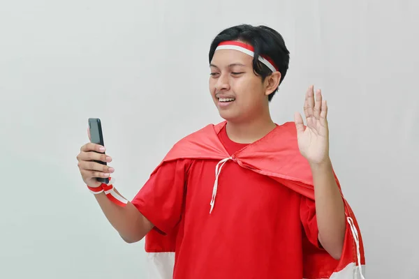 Retrato Homem Asiático Atraente Shirt Com Fita Branca Vermelha Cabeça — Fotografia de Stock