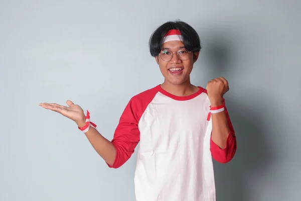 Portrait Attractive Asian Man Shirt Red White Ribbon Head Raising — Stock Photo, Image