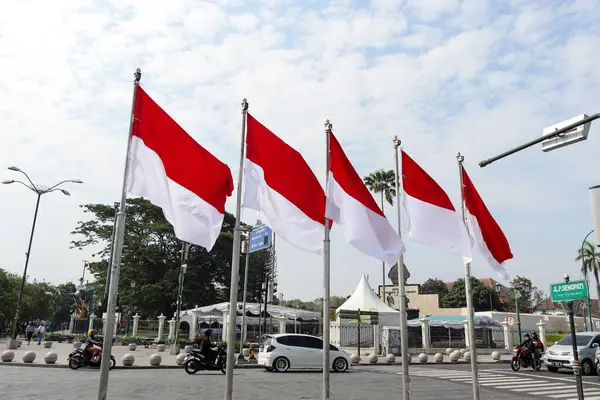 Las Banderas Indonesias Exhiben Zona Kilómetro Cero Cerca Calle Malioboro — Foto de Stock