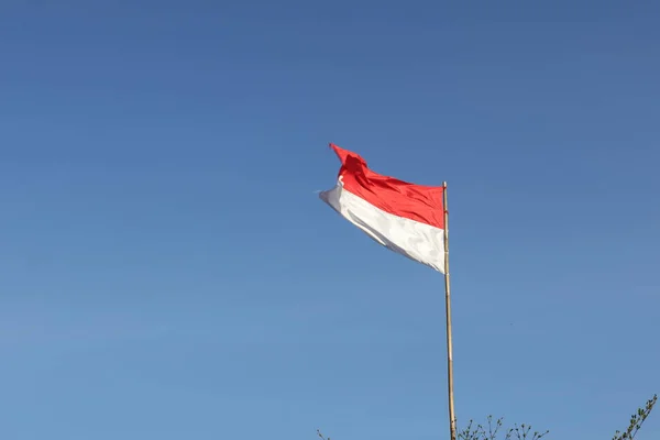 Agosto 1945 Banderas Indonesias Contra Fondo Del Cielo Concepto Del — Foto de Stock