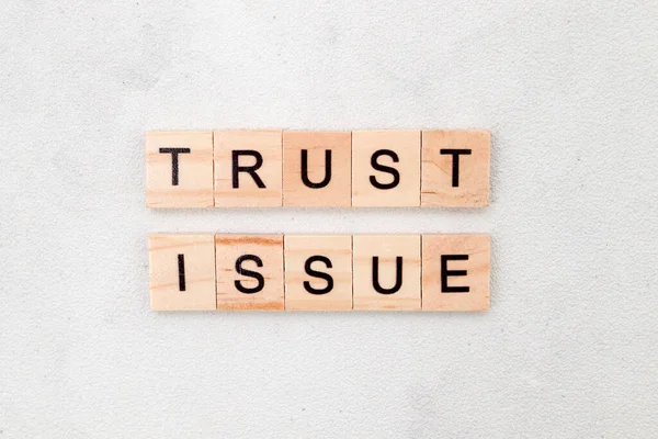 ホワイトバックグラウンドの木製キューブ文字ブロック上の信頼問題の単語のトップビュー ビジネスコンセプト — ストック写真