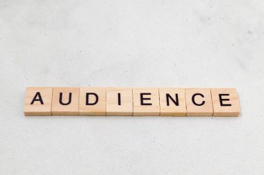 Beyaz arka planda tahta küp harf bloğundaki izleyici sözcüğünün üst görüntüsü. İş konsepti