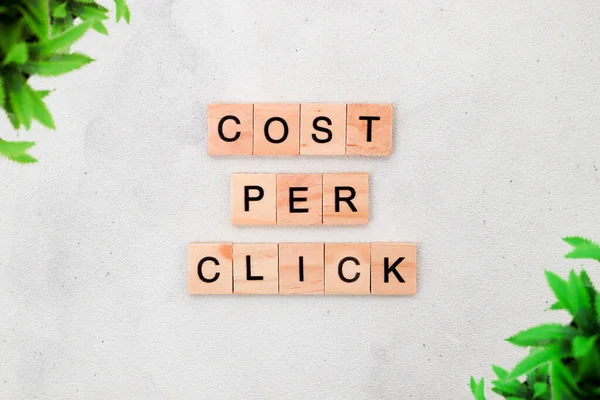 Top View Cost Click Word Wooden Cube Letter Block White — Stock Fotó